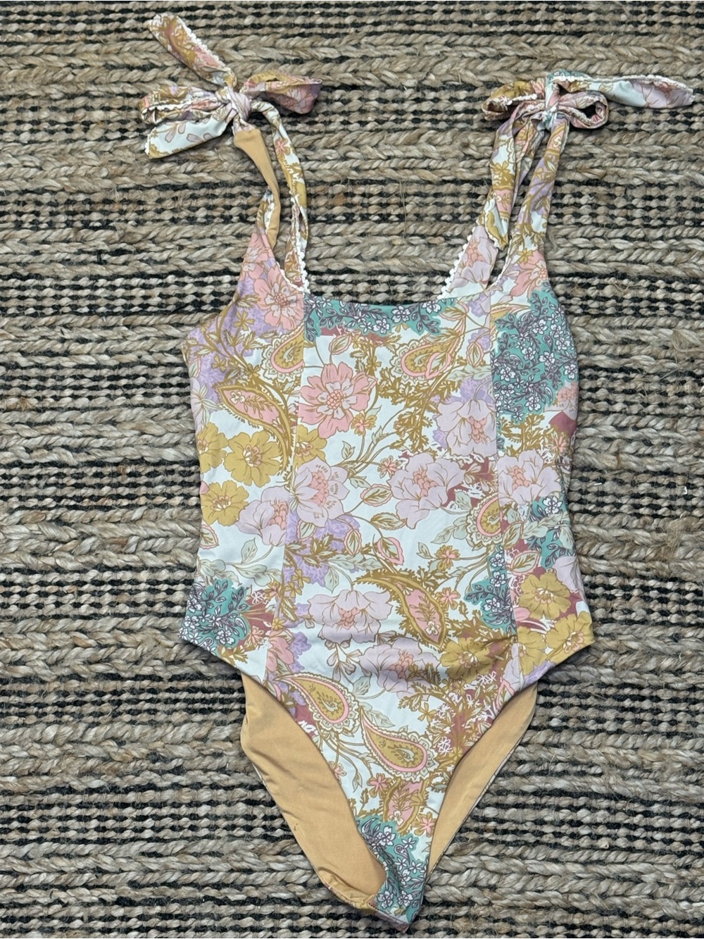 Beach Riot Floral Paisley Tie-Shoulder One-Piece in Pink, Mustard & Cream
